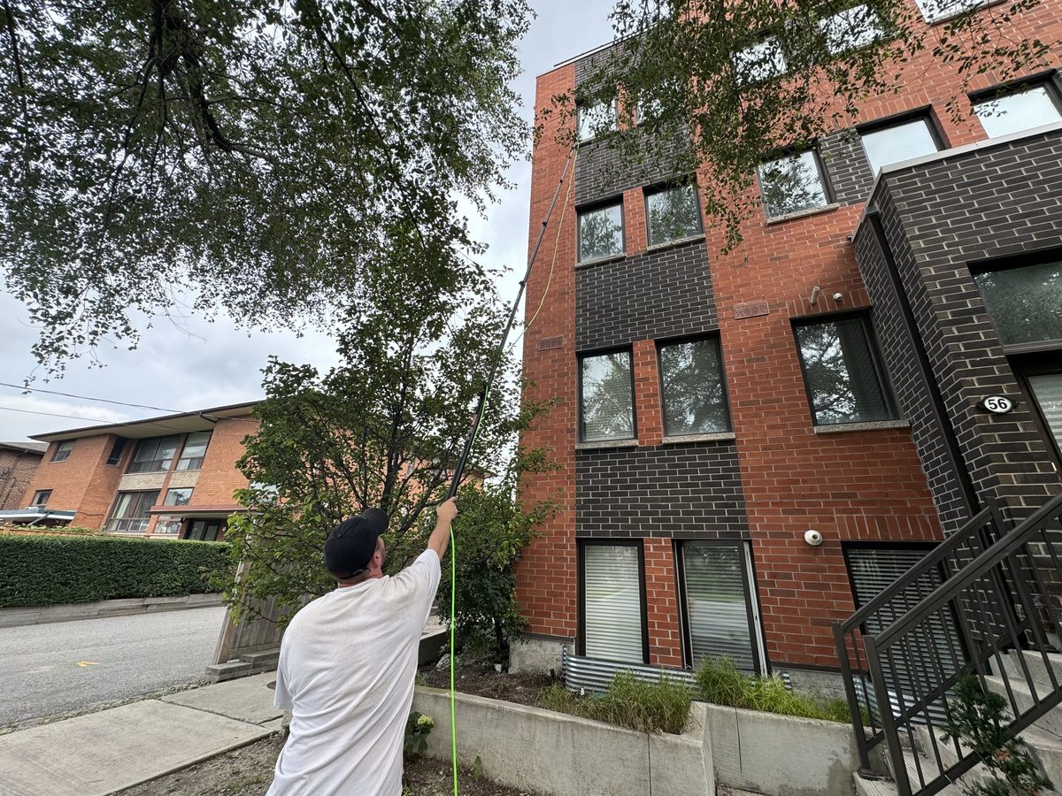 Crew member cleaning townhome windows with water-fed pole